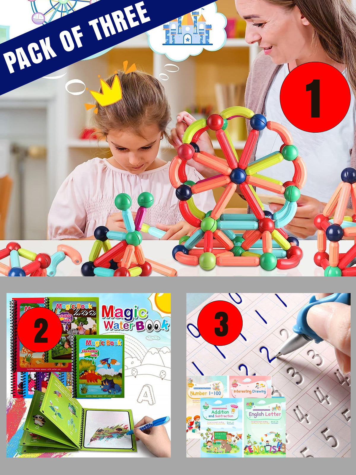 Pack of Three Deal- Magentic Sticks, Writing book & Magic Colouring book